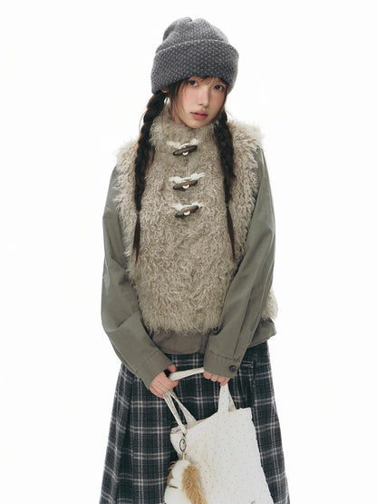 NAPSNAPS Faux Fur Horn Button Stand Collar Short Women&