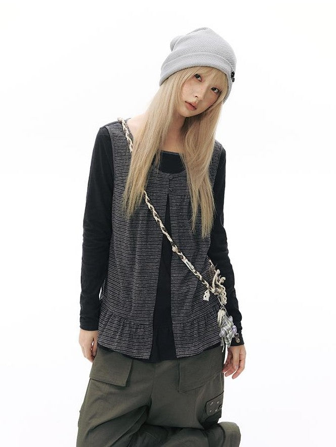 NAPSNAPS Faux Layered Striped Patchwork Knitted Women&