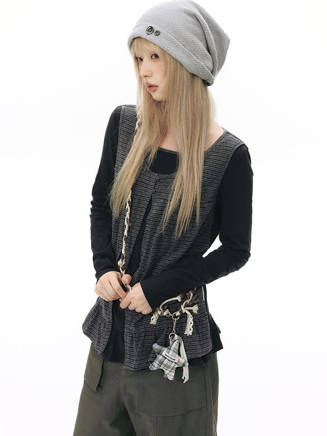 NAPSNAPS Faux Layered Striped Patchwork Knitted Women&