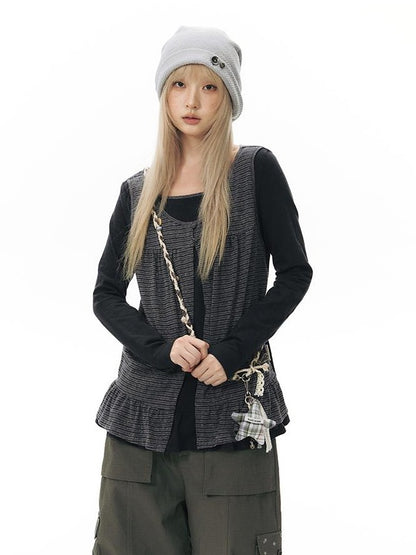 NAPSNAPS Faux Layered Striped Patchwork Knitted Women&