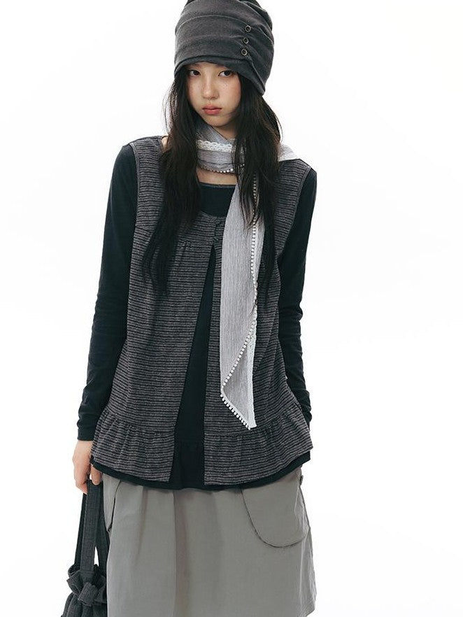NAPSNAPS Faux Layered Striped Patchwork Knitted Women&