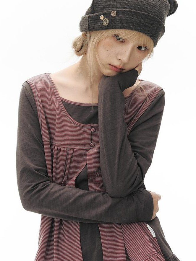 NAPSNAPS Faux Layered Striped Patchwork Knitted Women&