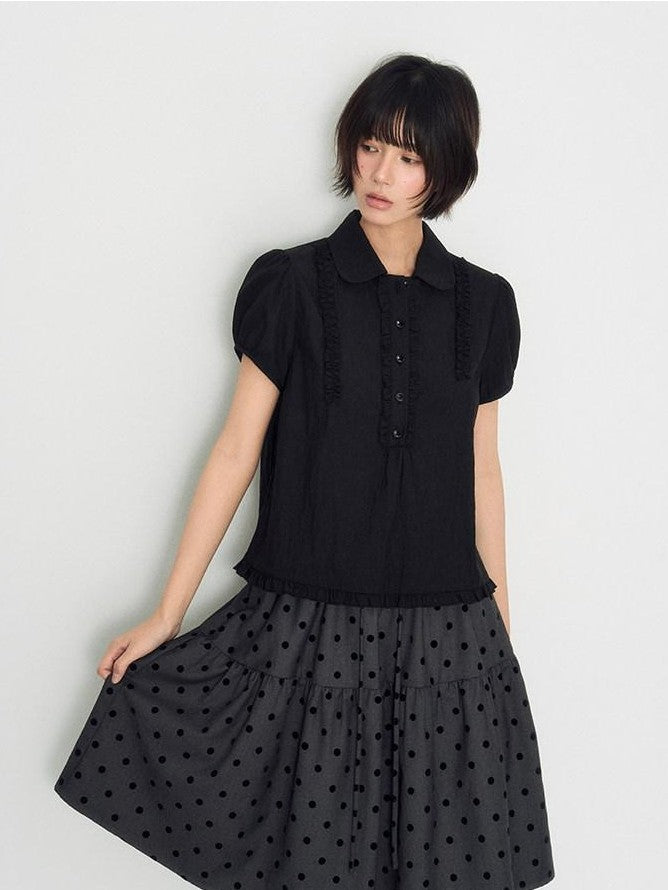 NAPSNAPS Flocked Polka Dot Lace Doll Collar Puff Sleeve Women&