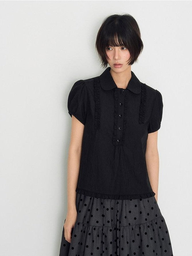 NAPSNAPS Flocked Polka Dot Lace Doll Collar Puff Sleeve Women&