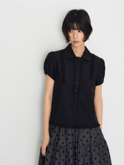 NAPSNAPS Flocked Polka Dot Lace Doll Collar Puff Sleeve Women&