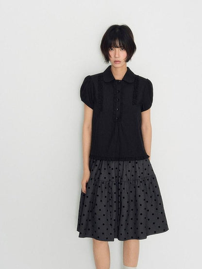 NAPSNAPS Flocked Polka Dot Lace Doll Collar Puff Sleeve Women&