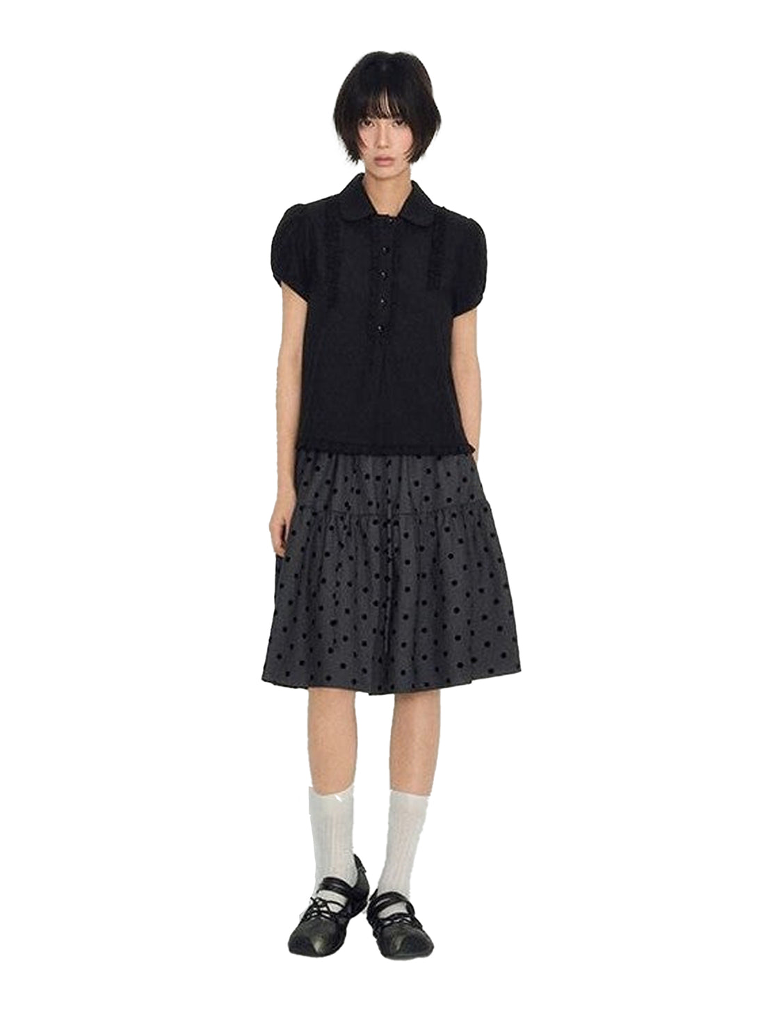 NAPSNAPS Flocked Polka Dot Lace Doll Collar Puff Sleeve Women&