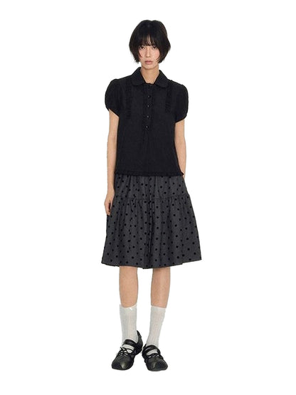 NAPSNAPS Flocked Polka Dot Lace Doll Collar Puff Sleeve Women&