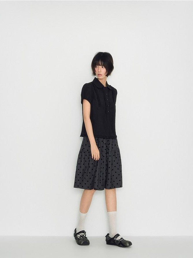 NAPSNAPS Flocked Polka Dot Lace Doll Collar Puff Sleeve Women&