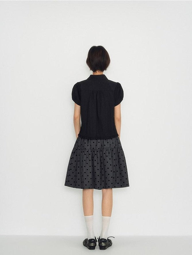 NAPSNAPS Flocked Polka Dot Lace Doll Collar Puff Sleeve Women&