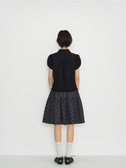 NAPSNAPS Flocked Polka Dot Lace Doll Collar Puff Sleeve Women&