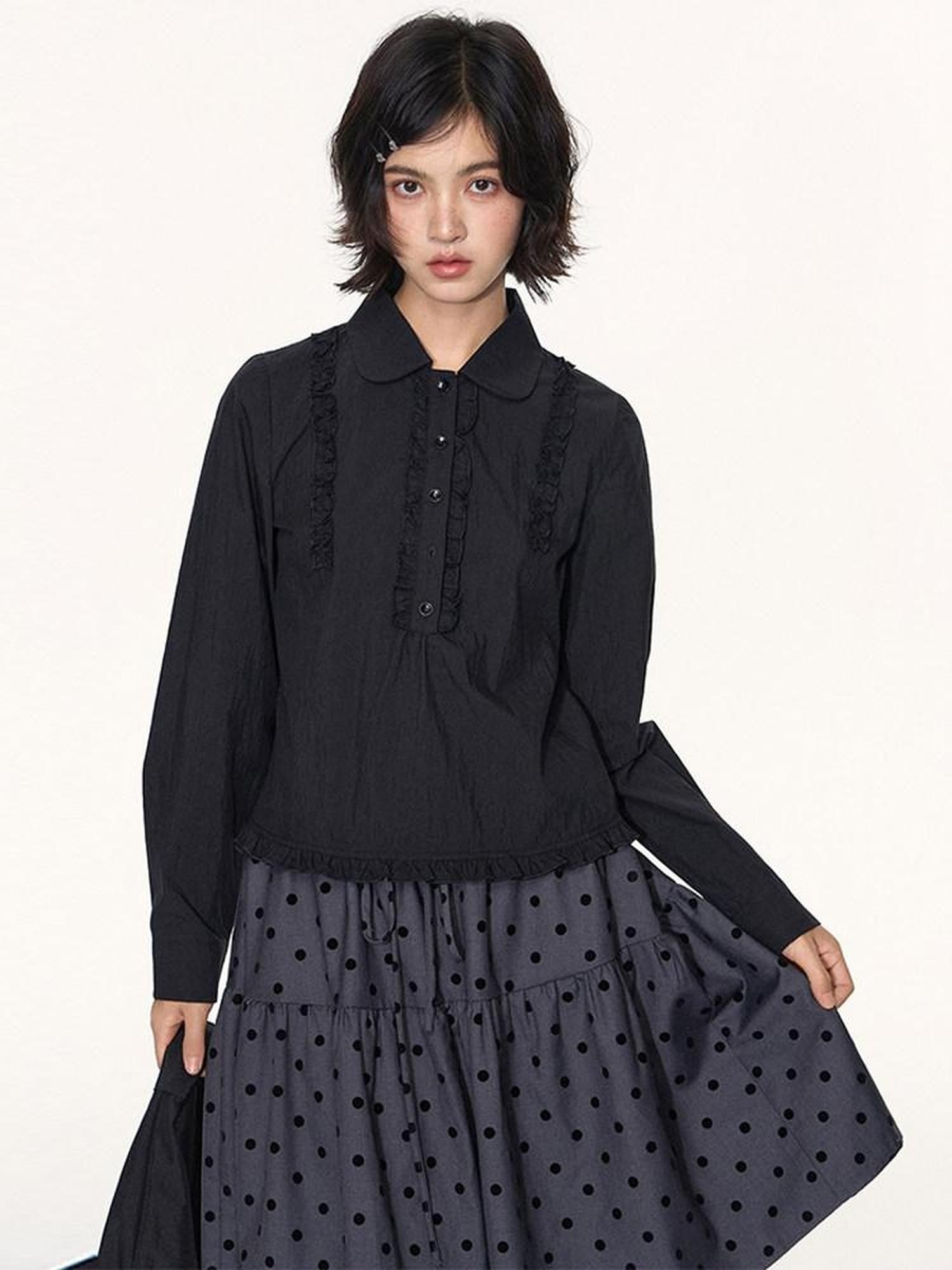 NAPSNAPS Flocked Polka Dot Lace Doll Collar Puff Sleeve Women&