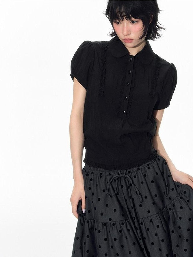 NAPSNAPS Flocked Polka Dot Lace Doll Collar Puff Sleeve Women&