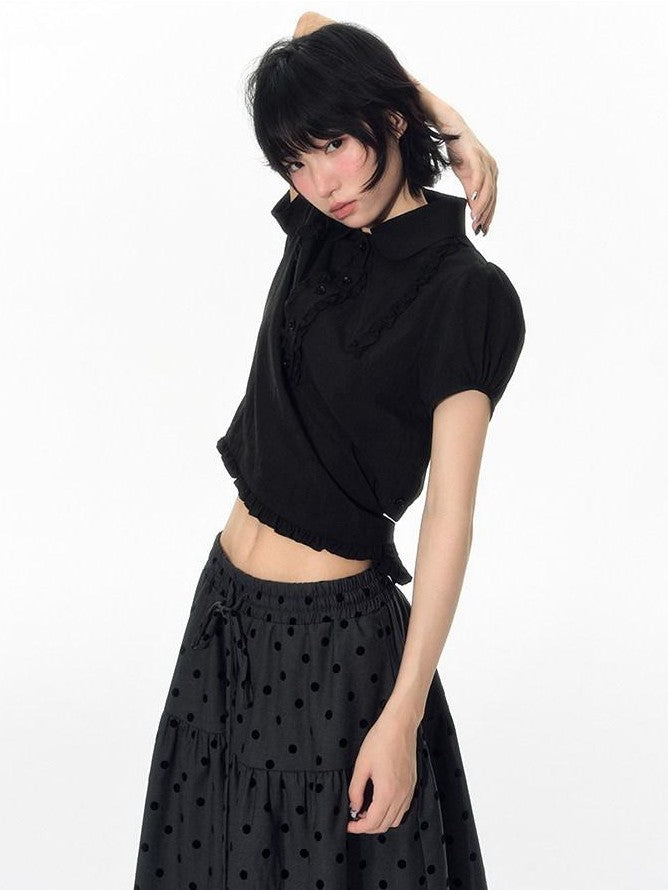 NAPSNAPS Flocked Polka Dot Lace Doll Collar Puff Sleeve Women&