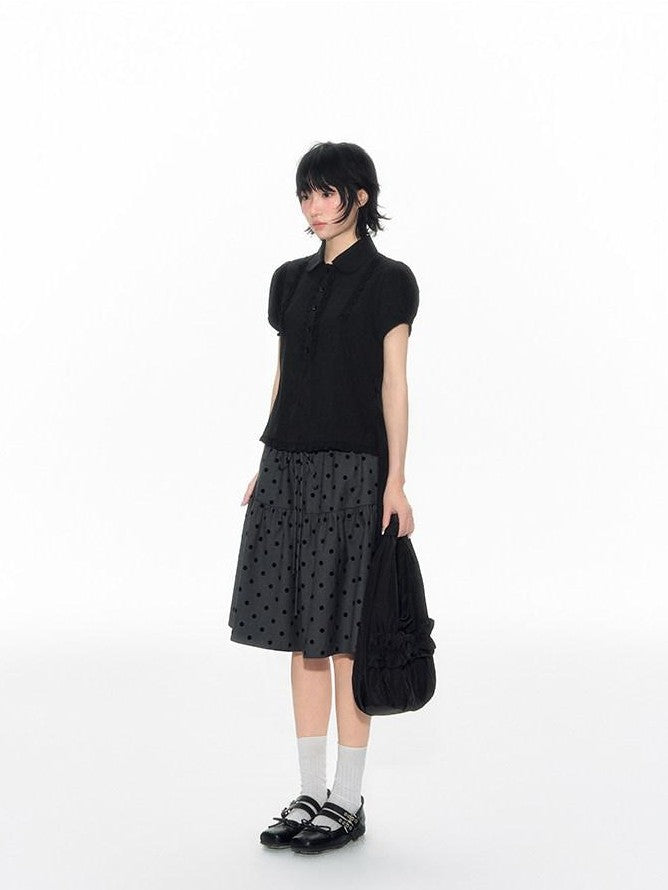 NAPSNAPS Flocked Polka Dot Lace Doll Collar Puff Sleeve Women&