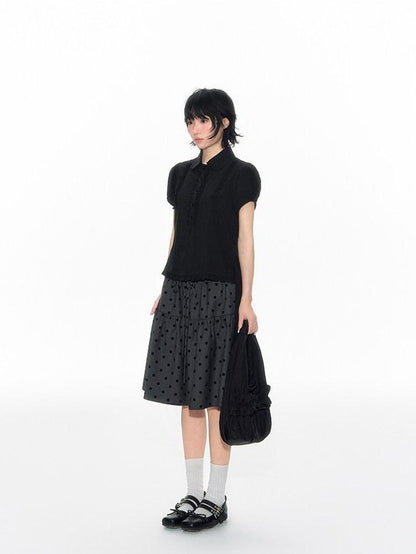 NAPSNAPS Flocked Polka Dot Lace Doll Collar Puff Sleeve Women&