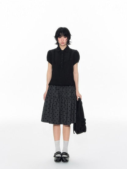 NAPSNAPS Flocked Polka Dot Lace Doll Collar Puff Sleeve Women&