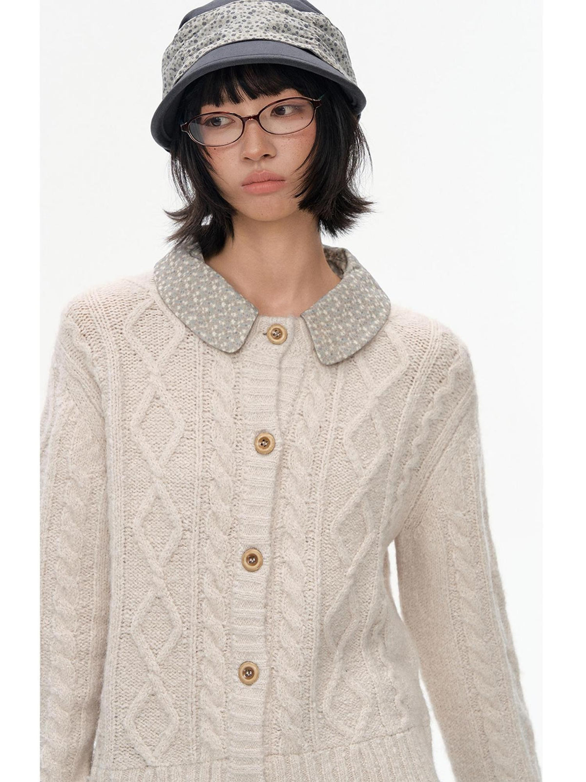 NAPSNAPS Floral Patchwork Shirt Collar Cable Knit Women&