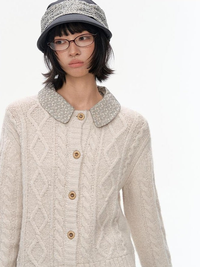 NAPSNAPS Floral Patchwork Shirt Collar Cable Knit Women&