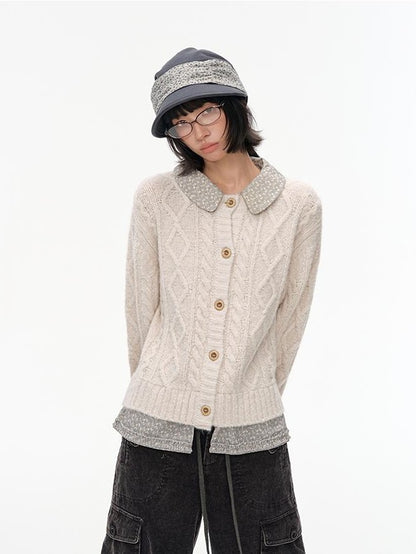 NAPSNAPS Floral Patchwork Shirt Collar Cable Knit Women&