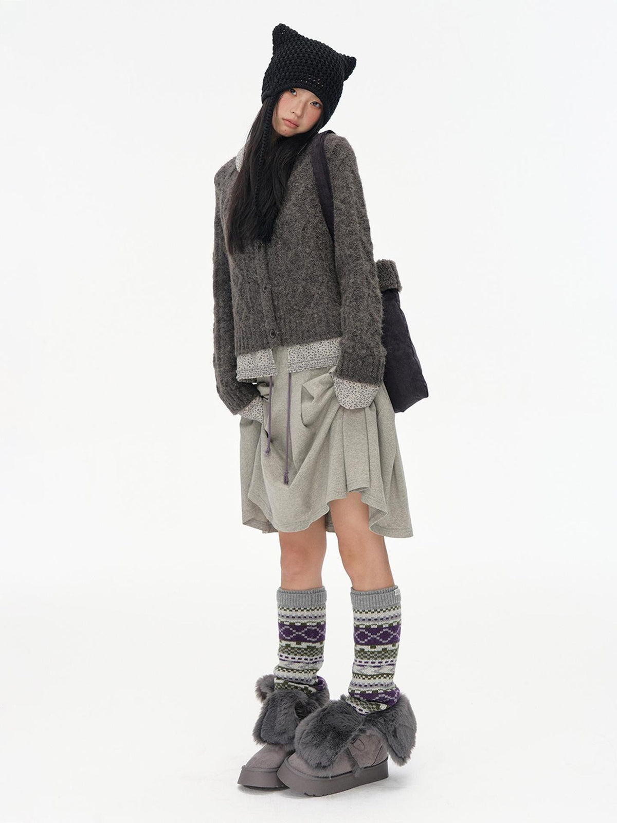 NAPSNAPS Floral Patchwork Shirt Collar Cable Knit Women&