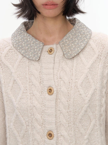 NAPSNAPS Floral Patchwork Shirt Collar Cable Knit Women&