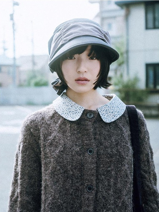 NAPSNAPS Floral Patchwork Shirt Collar Cable Knit Women&