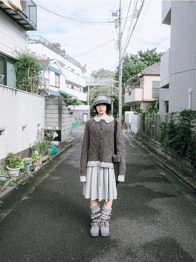 NAPSNAPS Floral Patchwork Shirt Collar Cable Knit Women&