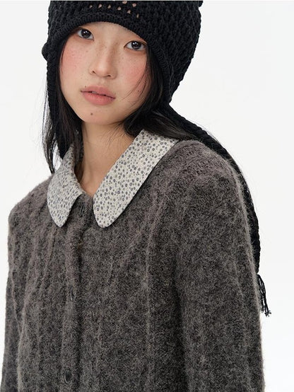 NAPSNAPS Floral Patchwork Shirt Collar Cable Knit Women&