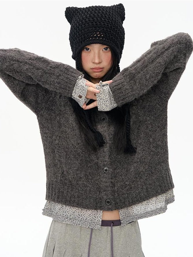 NAPSNAPS Floral Patchwork Shirt Collar Cable Knit Women&