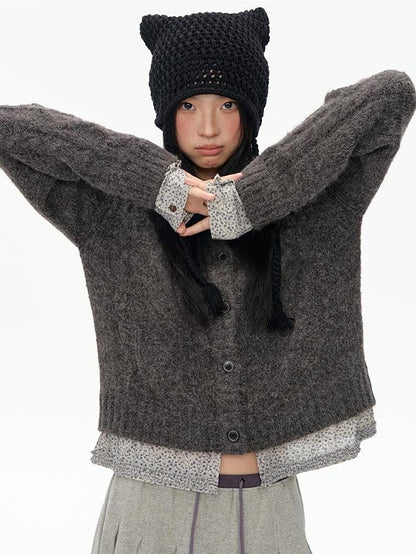 NAPSNAPS Floral Patchwork Shirt Collar Cable Knit Women&