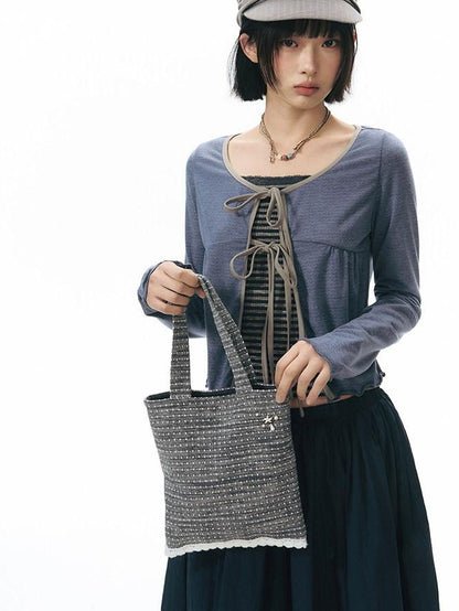 NAPSNAPS Girlish Vintage Lace Trim Striped Beaded Envelope Women&