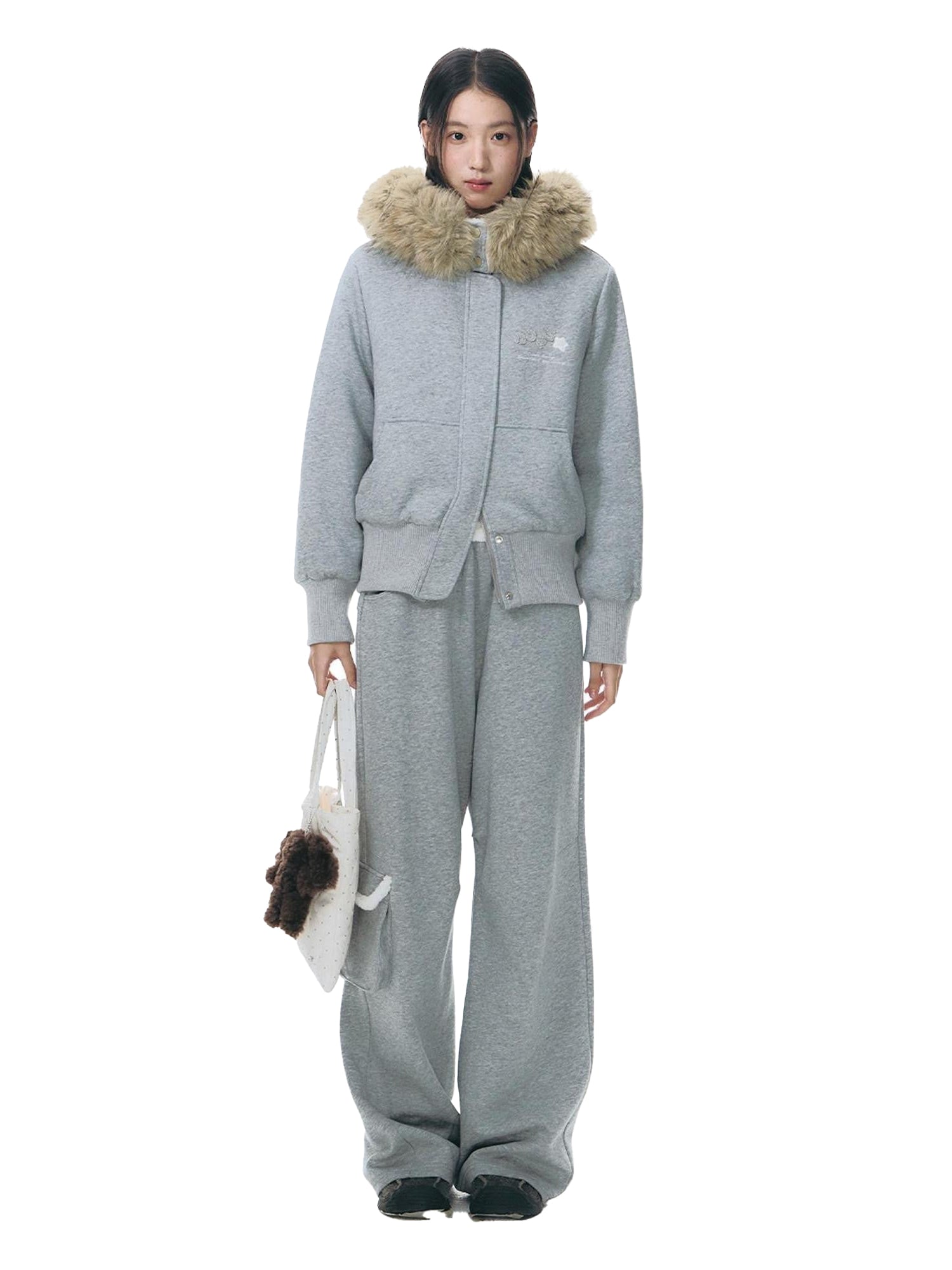 NAPSNAPS Gray Asymmetrical Spliced Plush Waist 3D Pockets Women&