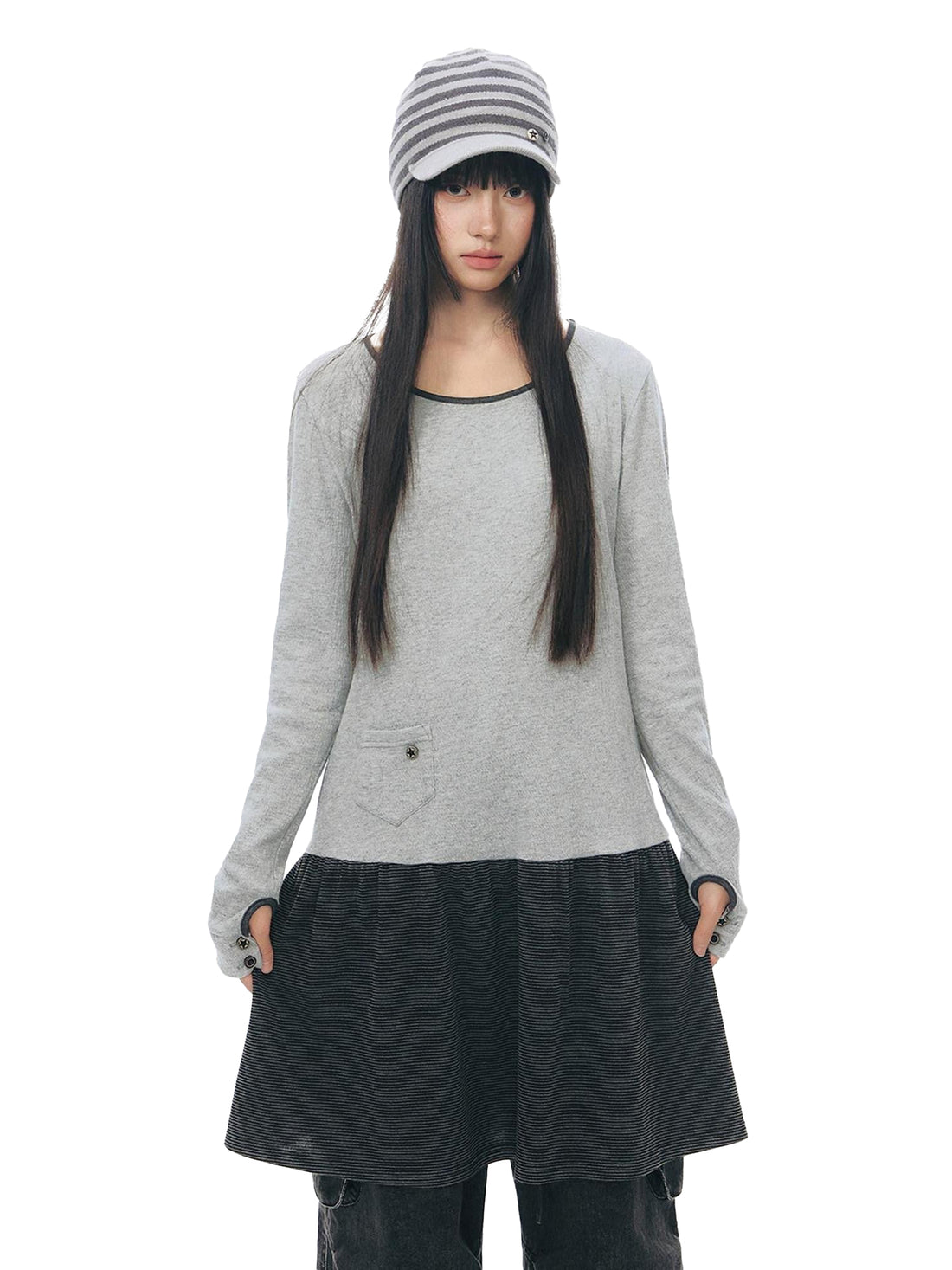 NAPSNAPS Gray Black Paneled Crewneck Knit Women&