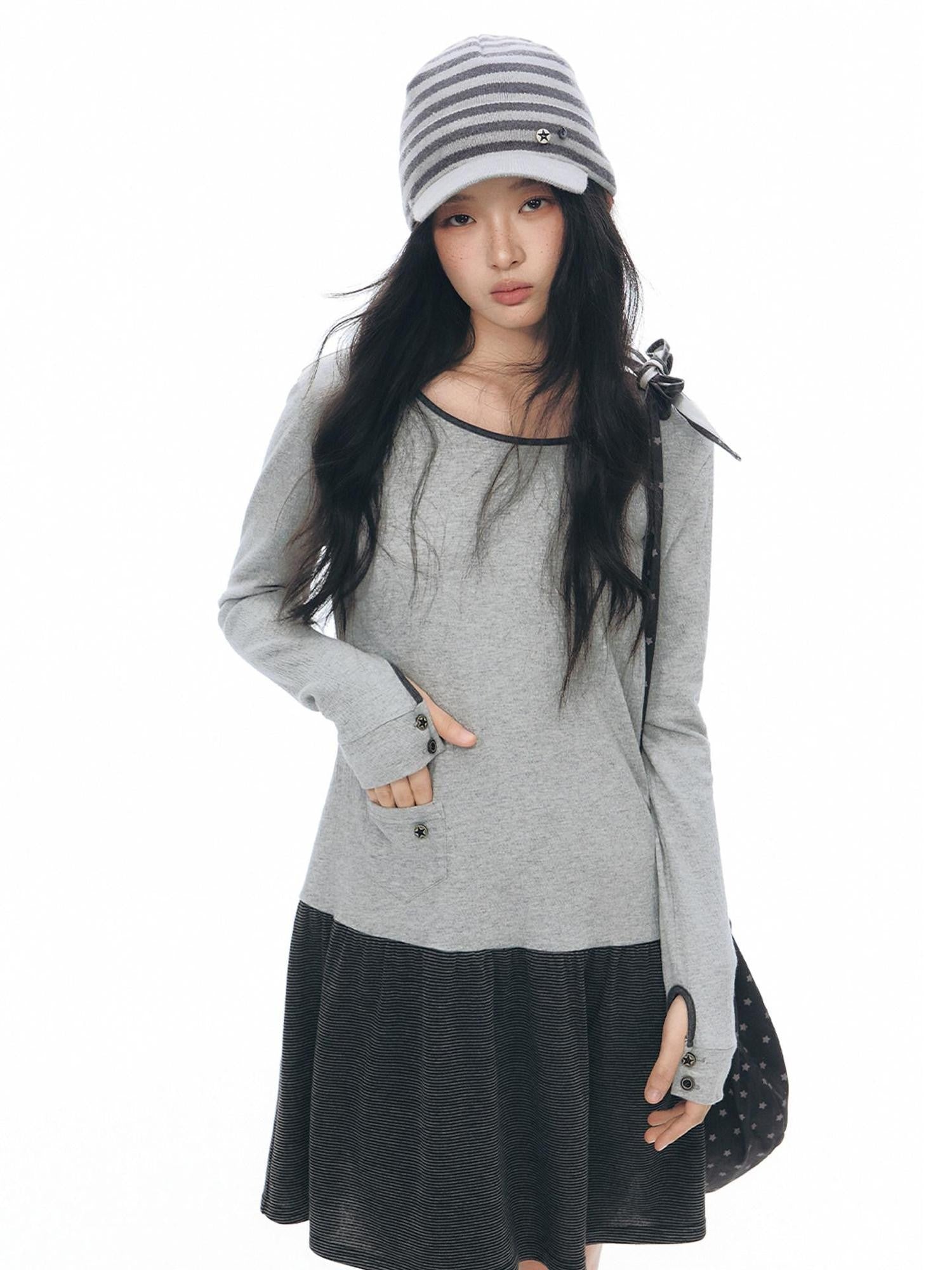 NAPSNAPS Gray Black Paneled Crewneck Knit Women&