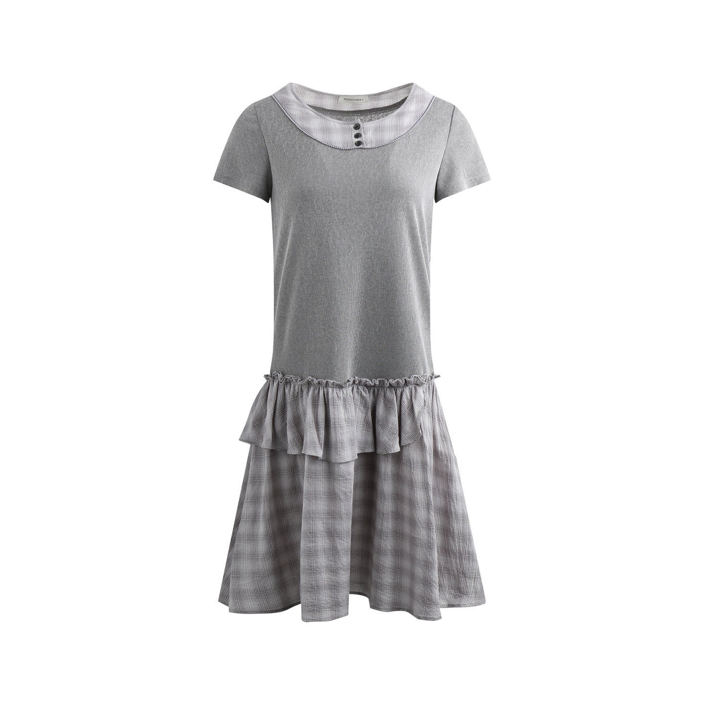 NAPSNAPS_Gray_Brown_Check_Shirt_Collar_Faux_Two_Piece_Puff_Women&