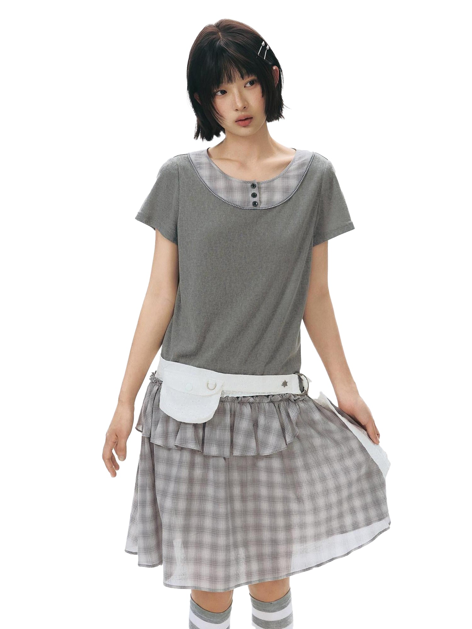 NAPSNAPS Gray Brown Check Shirt Collar Faux Two Piece Puff Women&