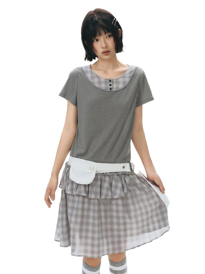 NAPSNAPS Gray Brown Check Shirt Collar Faux Two Piece Puff Women&