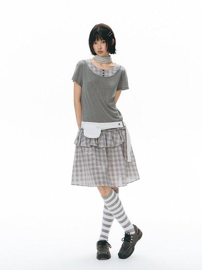 NAPSNAPS Gray Brown Check Shirt Collar Faux Two Piece Puff Women&