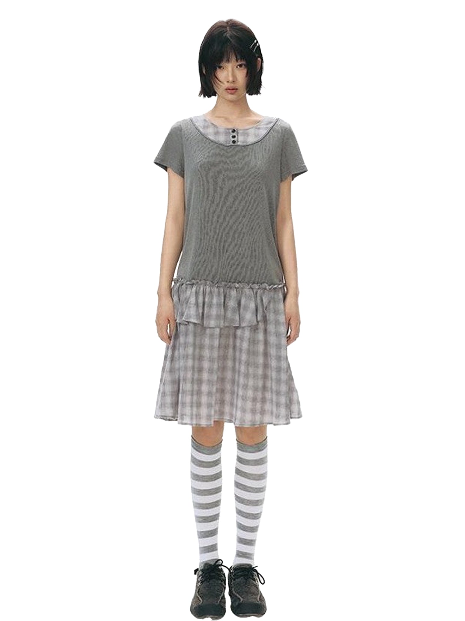 NAPSNAPS Gray Brown Check Shirt Collar Faux Two Piece Puff Women&