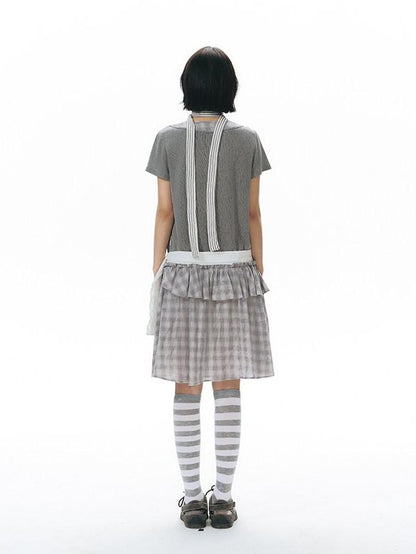 NAPSNAPS Gray Brown Check Shirt Collar Faux Two Piece Puff Women&