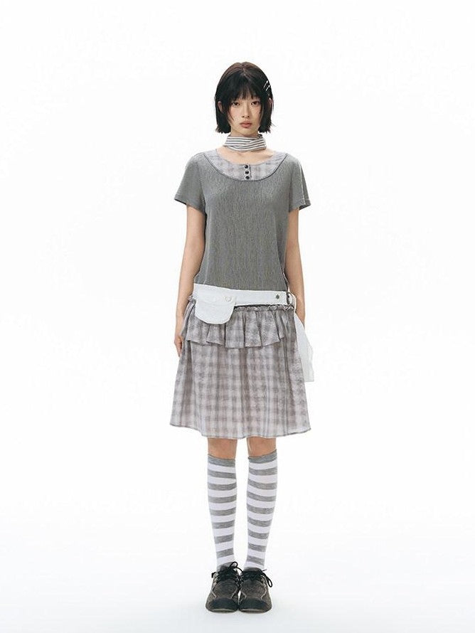 NAPSNAPS Gray Brown Check Shirt Collar Faux Two Piece Puff Women&