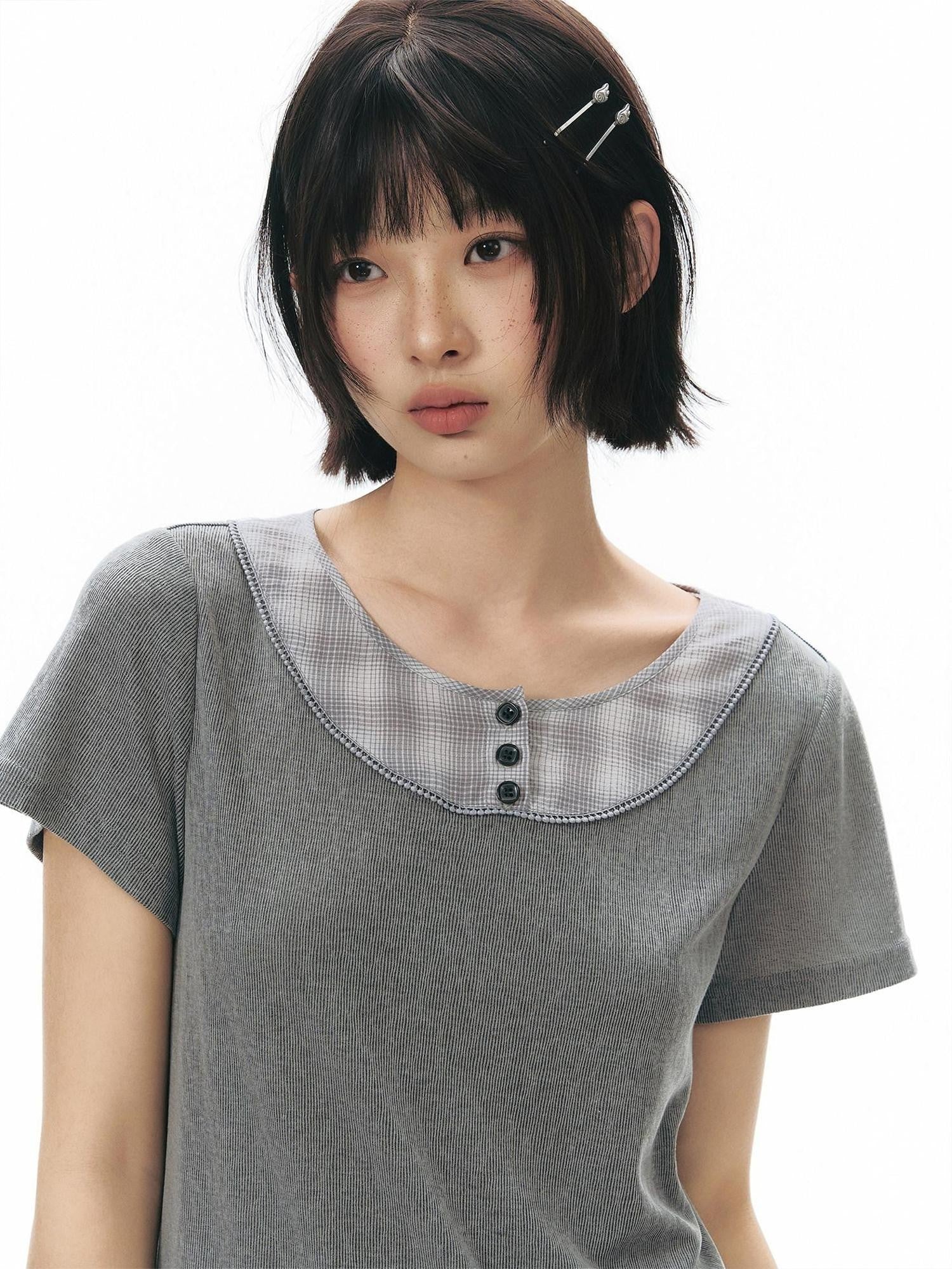 NAPSNAPS Gray Brown Check Shirt Collar Faux Two Piece Puff Women&