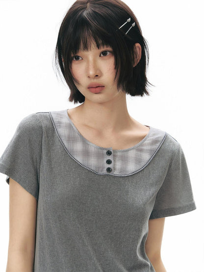 NAPSNAPS Gray Brown Check Shirt Collar Faux Two Piece Puff Women&
