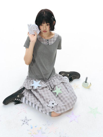 NAPSNAPS Gray Brown Check Shirt Collar Faux Two Piece Puff Women&