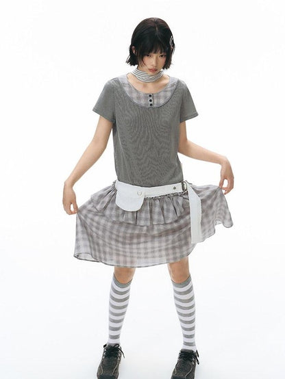 NAPSNAPS Gray Brown Check Shirt Collar Faux Two Piece Puff Women&