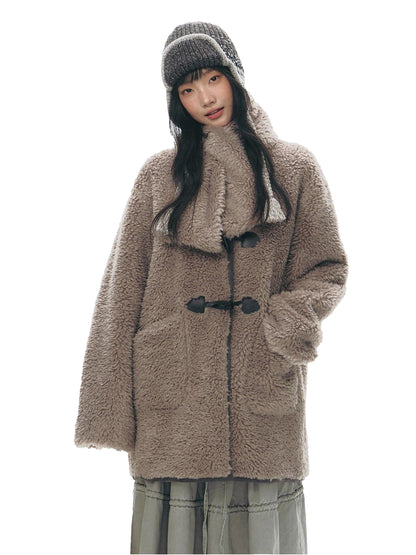 NAPSNAPS Gray Brown Shearling Suede Patch Toggle Scarf Women&