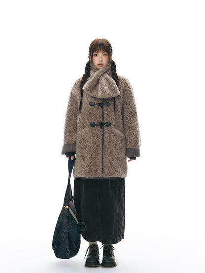 NAPSNAPS Gray Brown Shearling Suede Patch Toggle Scarf Women&