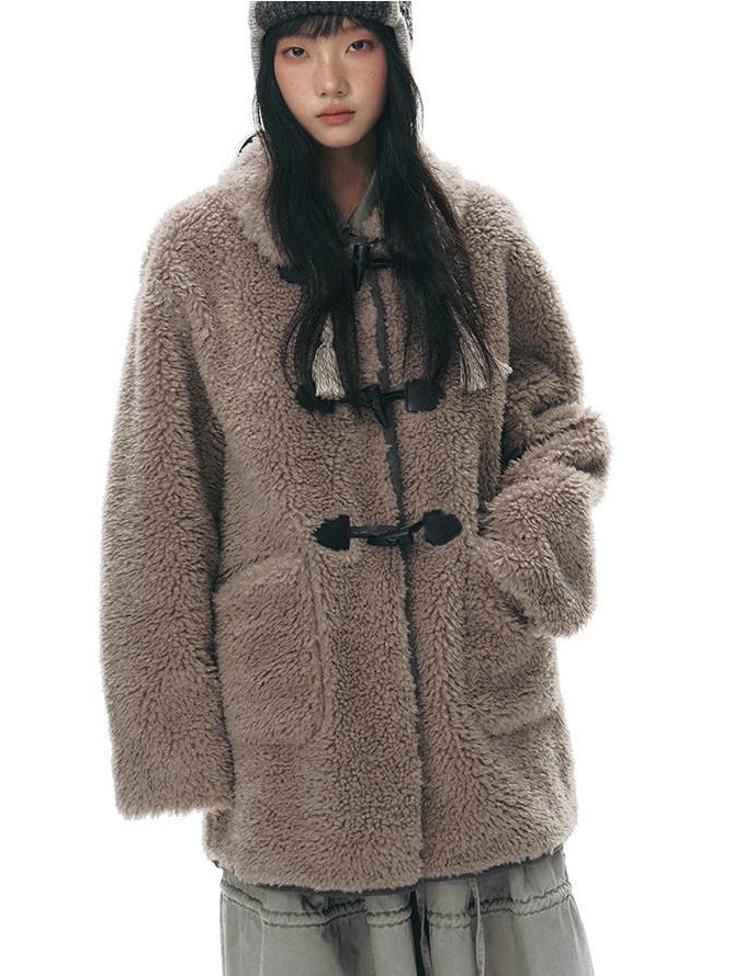 NAPSNAPS Gray Brown Shearling Suede Patch Toggle Scarf Women&