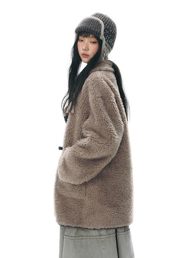NAPSNAPS Gray Brown Shearling Suede Patch Toggle Scarf Women&